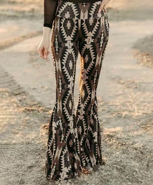 Aztec Print Flare Leggings  - High-Rise Waist