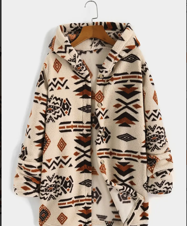 Aztec Pattern Button Up Hooded Cardigan