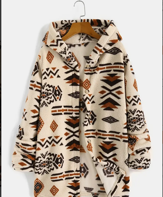 Aztec Pattern Button Up Hooded Cardigan